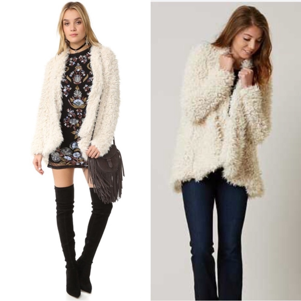 FREE PEOPLE Fluffy Jacket Sz M Ivory Cream Shag Coat Neutral Boho Retro 70s Y2K